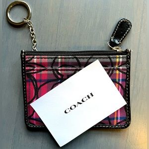pink plaid with glitter coach card wallet with key ring